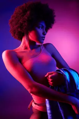 woman disco fashion purple blue