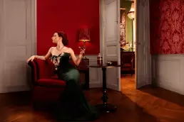woman red green dress classy